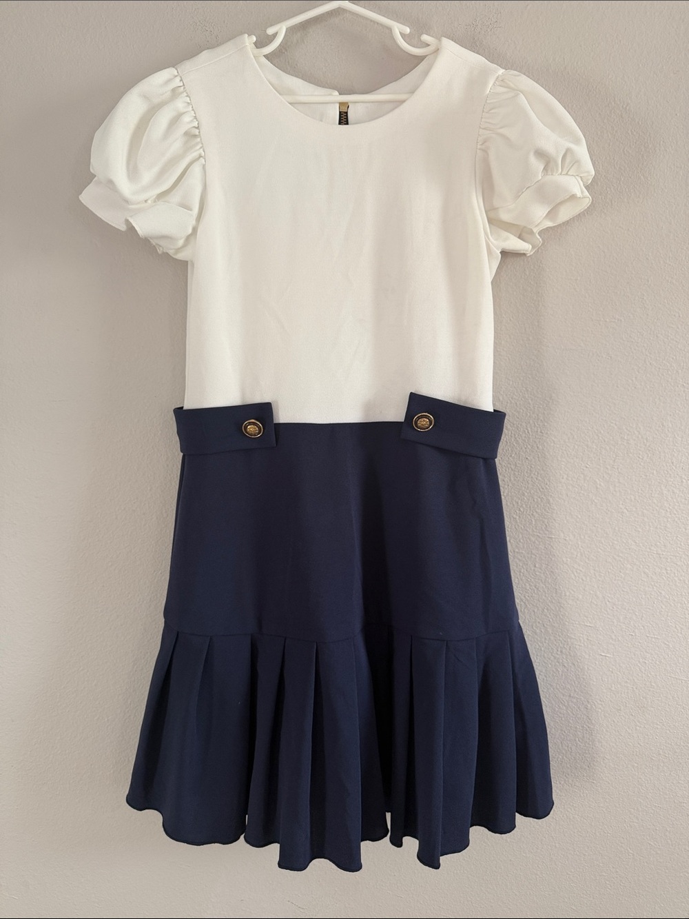 Zoe Ltd Girls Navy White Pleated Party Dress Gold Buttons Size 14 - [1154]